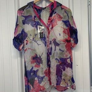 Kas New York Floral Button down blouse New sheer purple pink